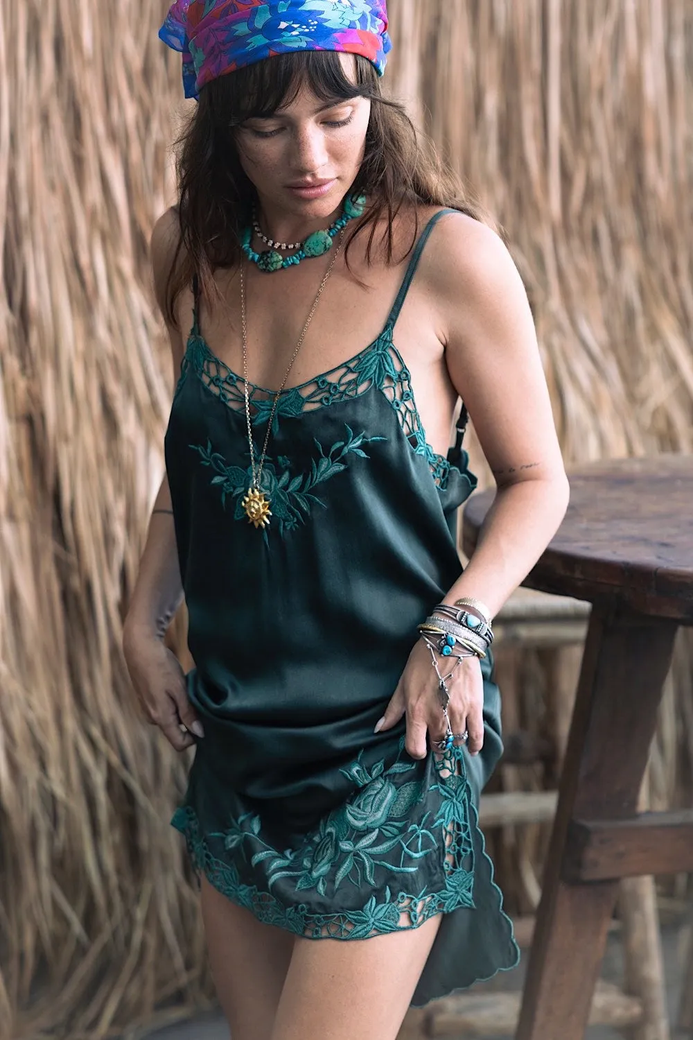 Georgia Rain Silk Slip Dress - Forest