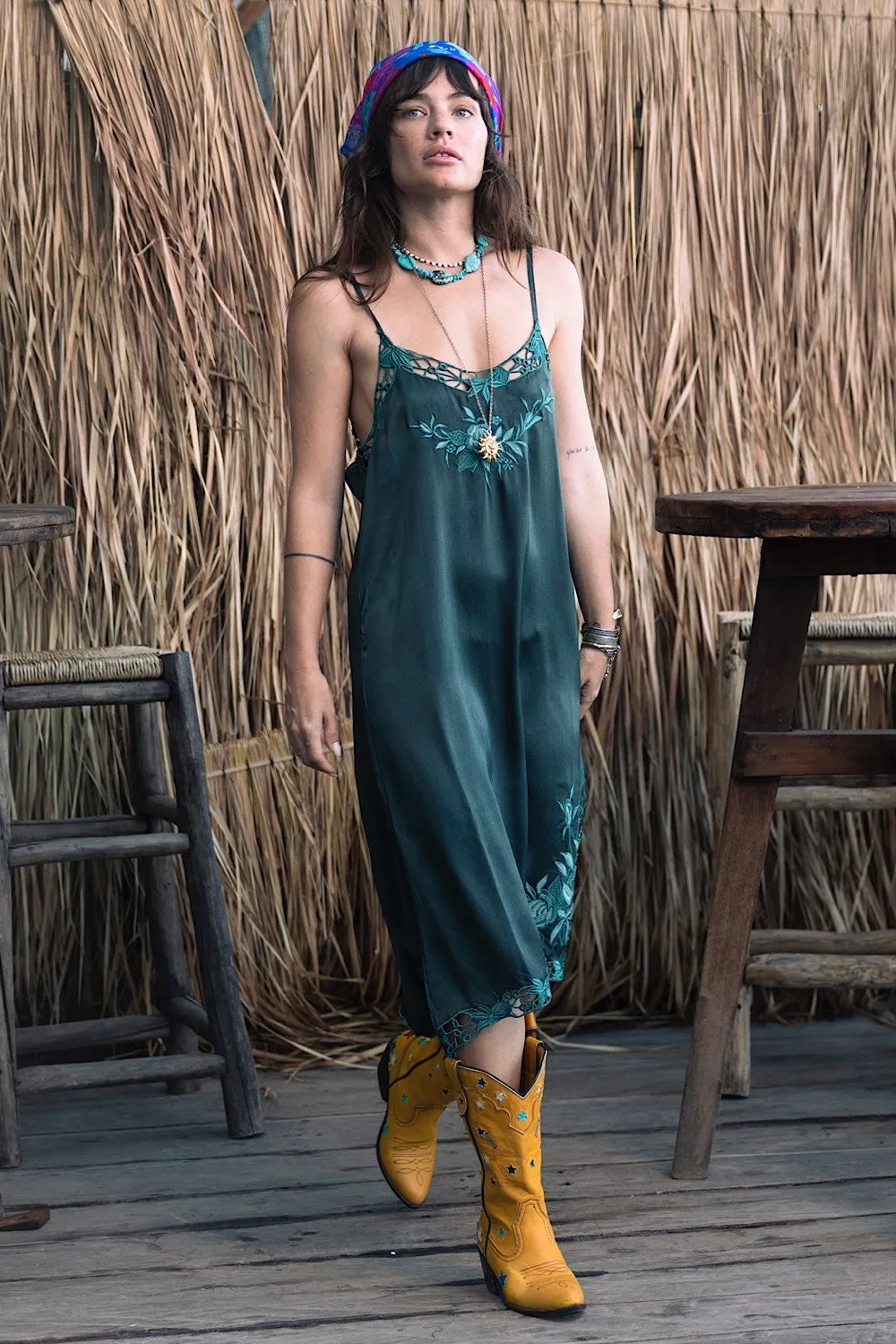 Georgia Rain Silk Slip Dress - Forest
