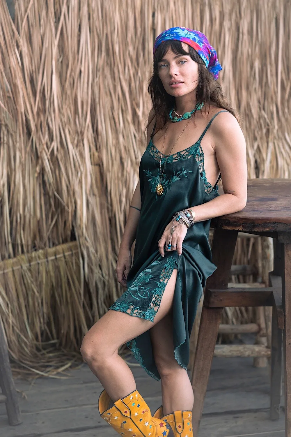 Georgia Rain Silk Slip Dress - Forest