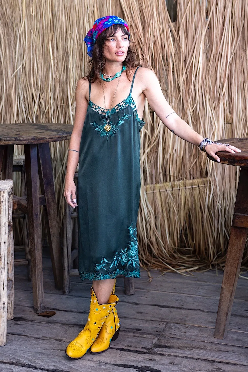Georgia Rain Silk Slip Dress - Forest