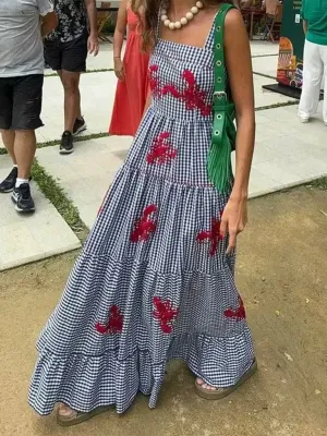 Gingham Suspender Maxi Dress with Floral Embroidery