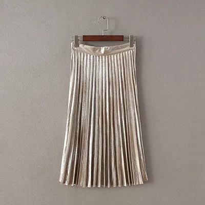 Girls Casual Vintage Mid-long Pleated est Gold/Silver Metal Shiny Skirts Women Trend Metallic Bronzing