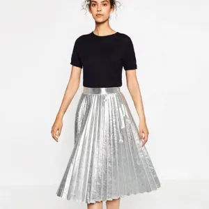 Girls Casual Vintage Mid-long Pleated est Gold/Silver Metal Shiny Skirts Women Trend Metallic Bronzing
