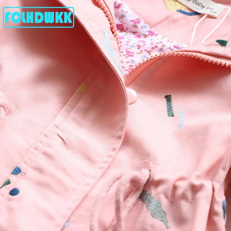 Girls Windbreaker Coat Jackets Baby Kids Flower Embroidery Hooded Outwear For Baby Kids Coats Jacket Clothing