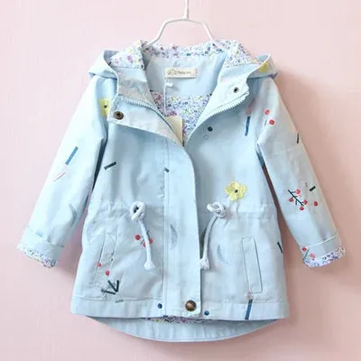 Girls Windbreaker Coat Jackets Baby Kids Flower Embroidery Hooded Outwear For Baby Kids Coats Jacket Clothing