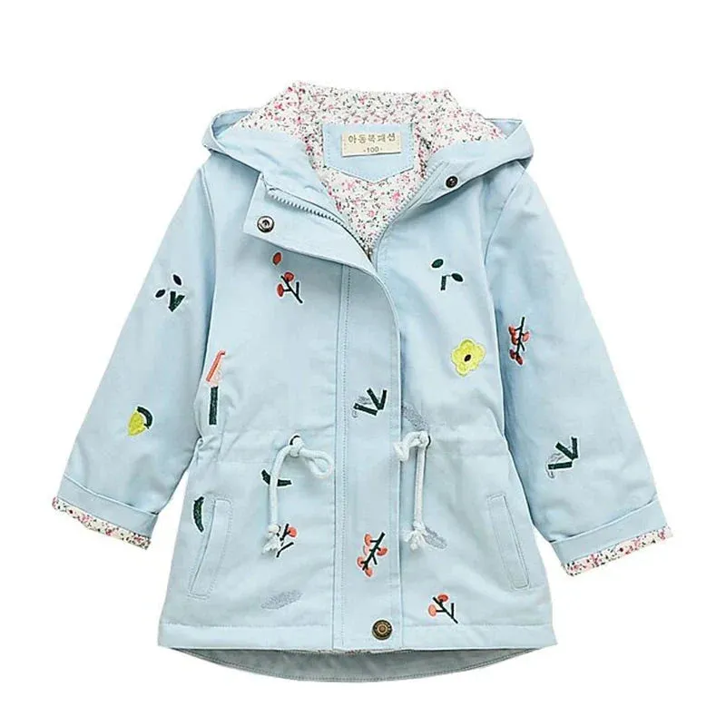 Girls Windbreaker Coat Jackets Baby Kids Flower Embroidery Hooded Outwear For Baby Kids Coats Jacket Clothing