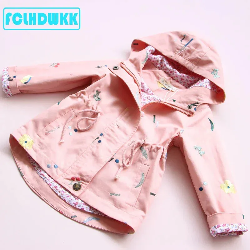 Girls Windbreaker Coat Jackets Baby Kids Flower Embroidery Hooded Outwear For Baby Kids Coats Jacket Clothing