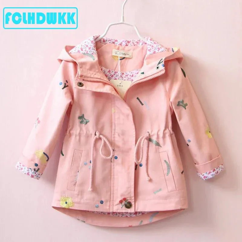 Girls Windbreaker Coat Jackets Baby Kids Flower Embroidery Hooded Outwear For Baby Kids Coats Jacket Clothing