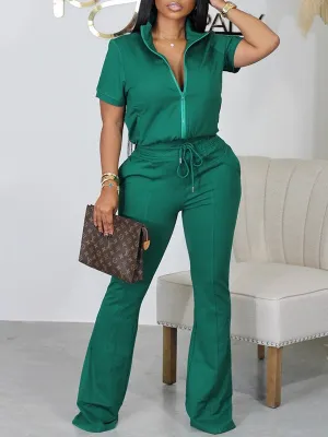 Gorgeousladie Zip-Front Top & Flared Pants Set