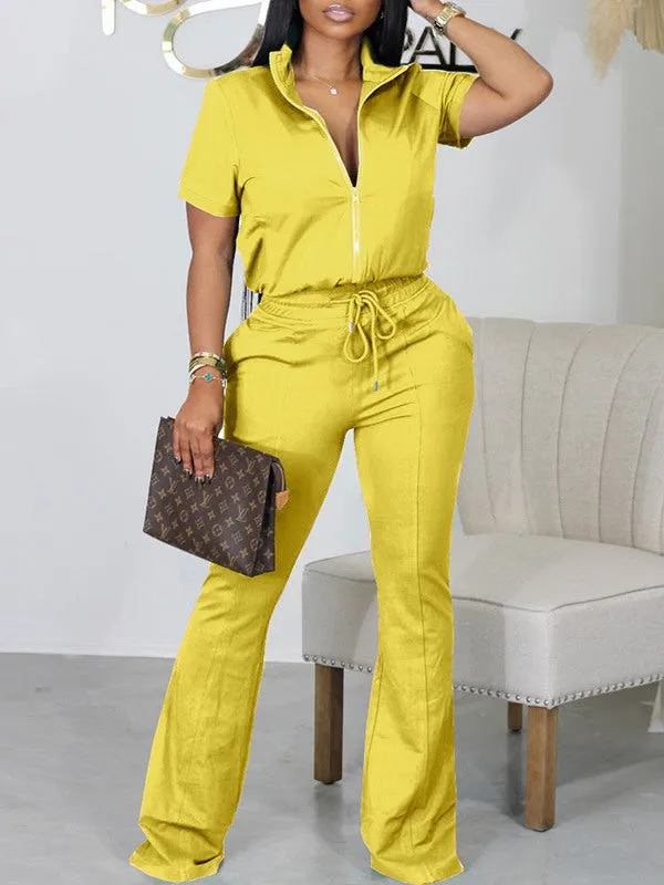 Gorgeousladie Zip-Front Top & Flared Pants Set