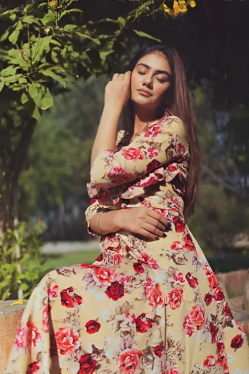 Hazel Floral High Low Maxi Dress With Frills