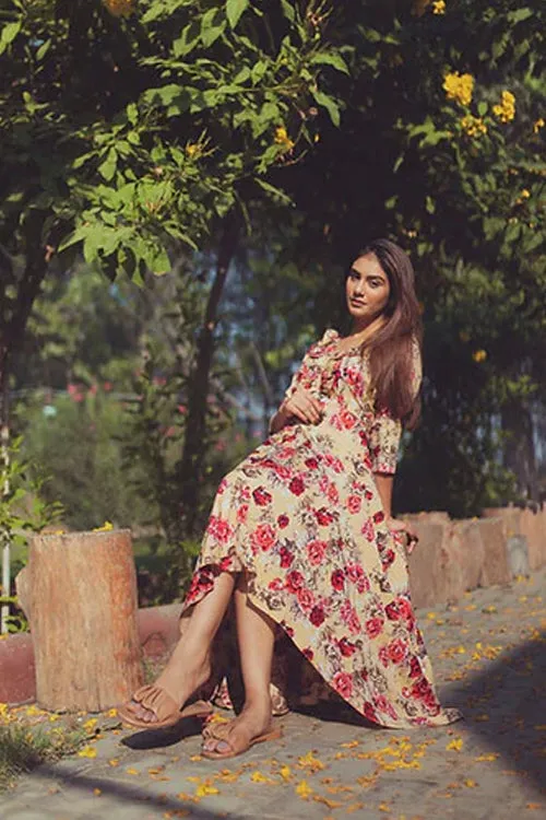 Hazel Floral High Low Maxi Dress With Frills