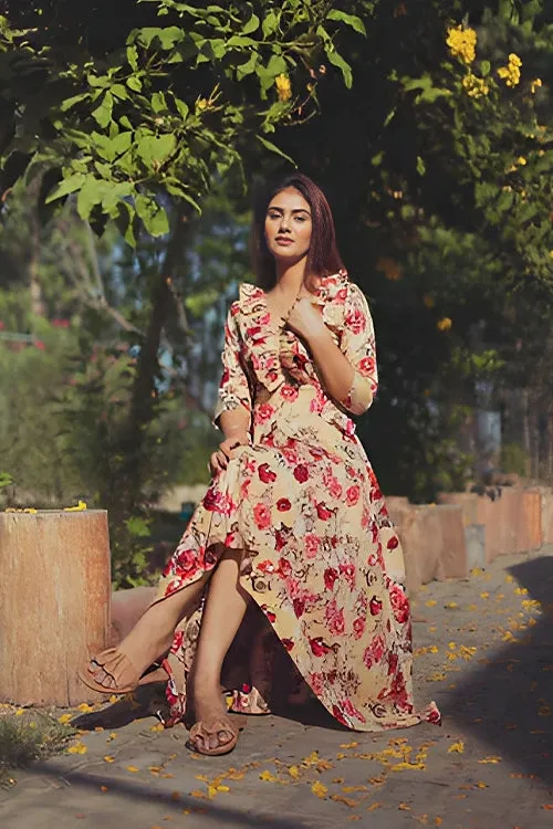 Hazel Floral High Low Maxi Dress With Frills