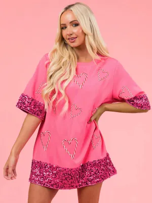 Heart Print Long T-Shirt with Sequined Embellishments