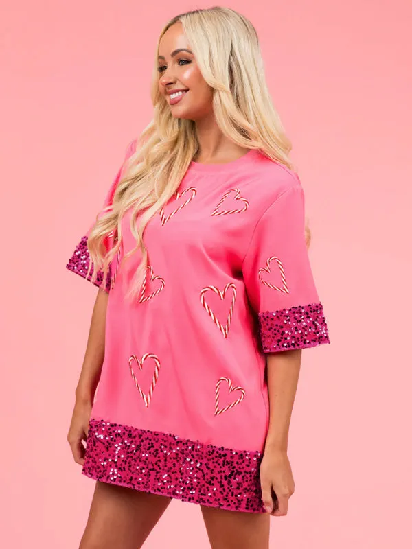 Heart Print Long T-Shirt with Sequined Embellishments