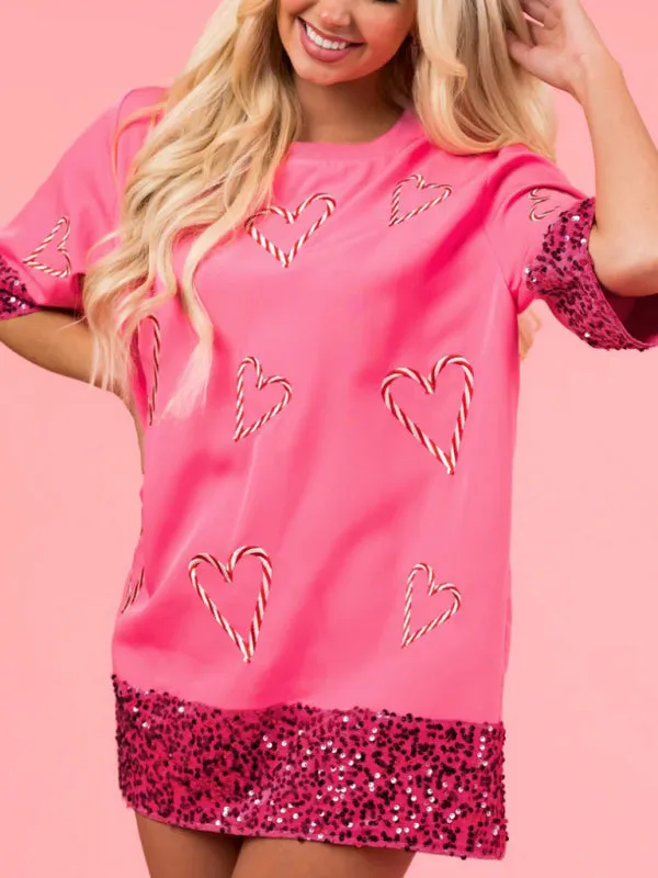 Heart Print Long T-Shirt with Sequined Embellishments