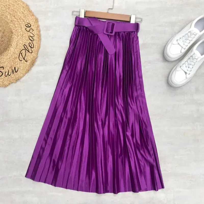 High Waist Elegant Stain Women's Pleated Skirts with Belted Solid Skirts Mi-long Umbrella Skirt Spring Summer