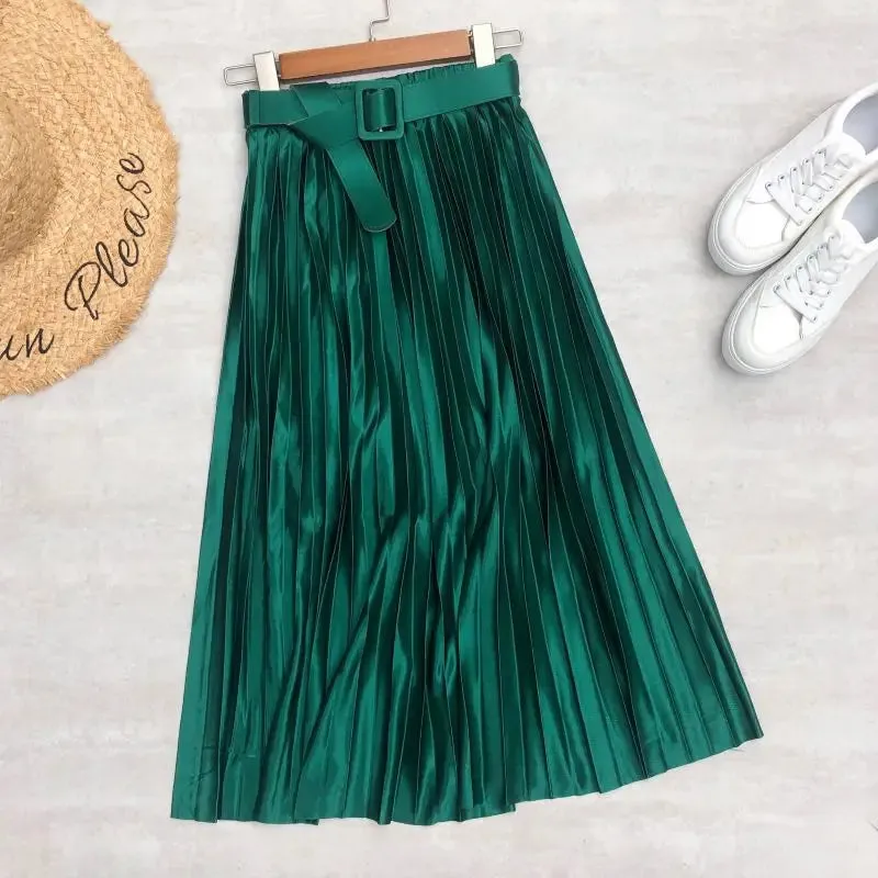 High Waist Elegant Stain Women's Pleated Skirts with Belted Solid Skirts Mi-long Umbrella Skirt Spring Summer