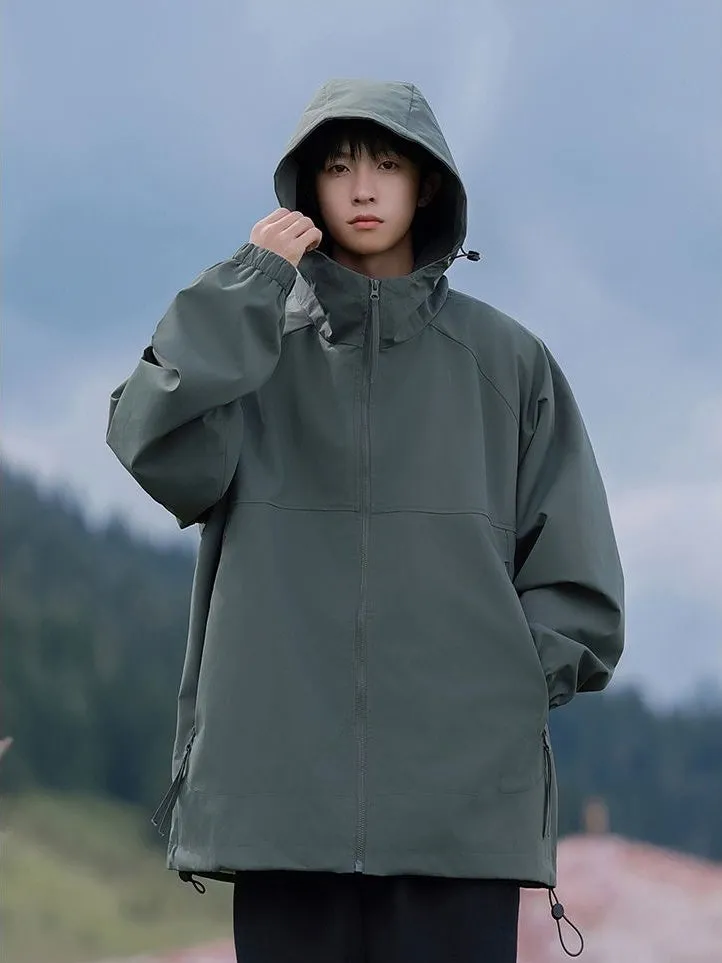 Hooded Raincoat with Zippered Pocket and Drawstring Hem