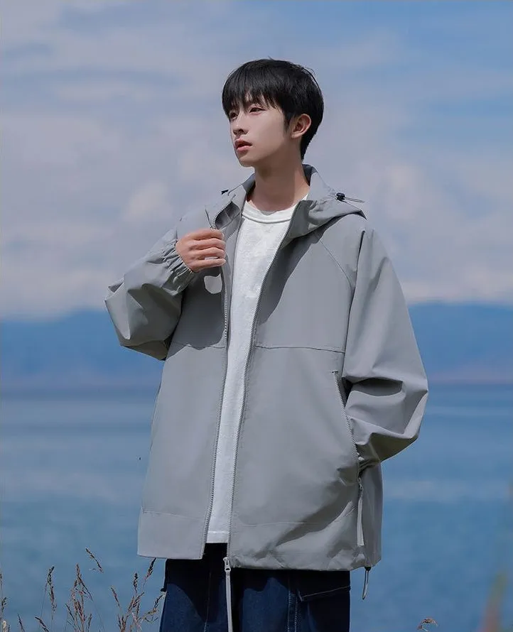 Hooded Raincoat with Zippered Pocket and Drawstring Hem