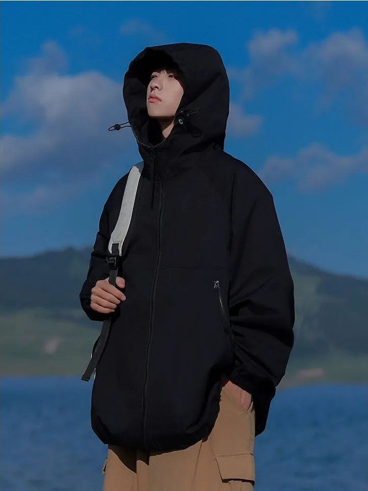 Hooded Raincoat with Zippered Pocket and Drawstring Hem