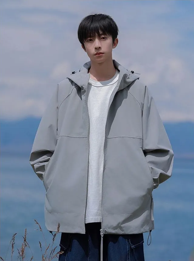 Hooded Raincoat with Zippered Pocket and Drawstring Hem