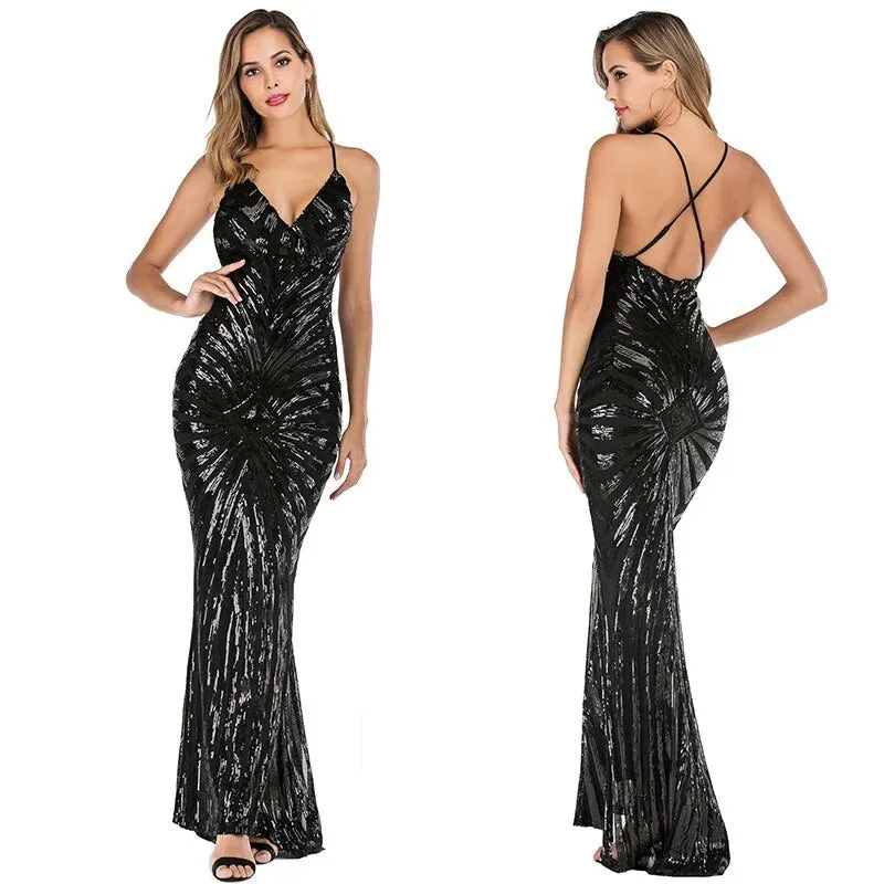IDress Sexy Sequined Long Elegant Off Shoulder Evening Party Dress
