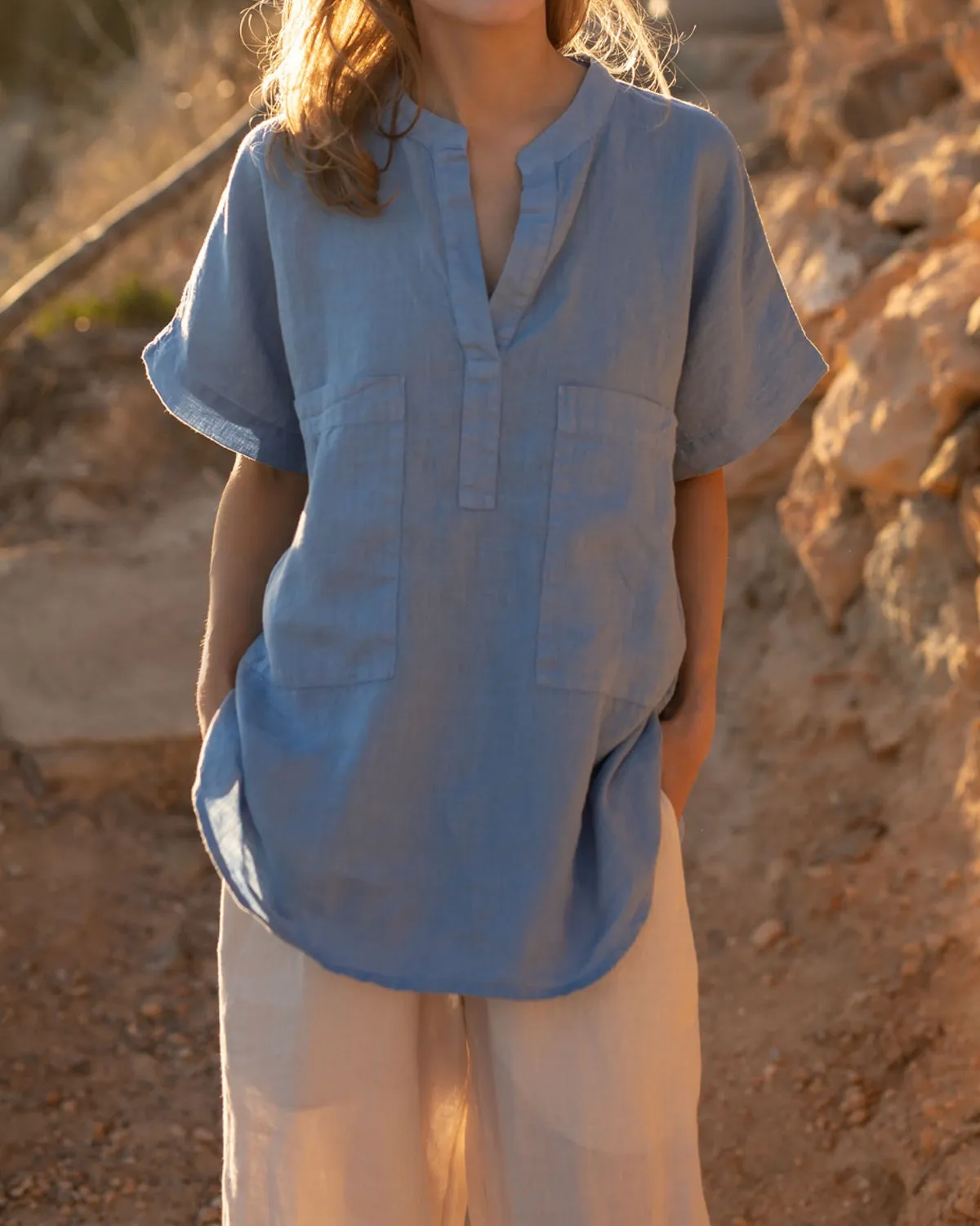 Julie - Linen Blouse in Dusk Blue