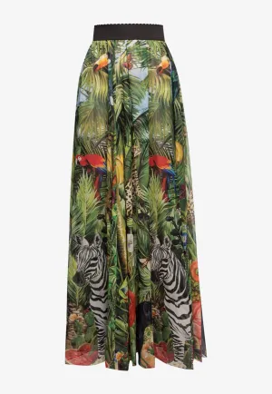Jungle Print Pleated Georgette Maxi Skirt