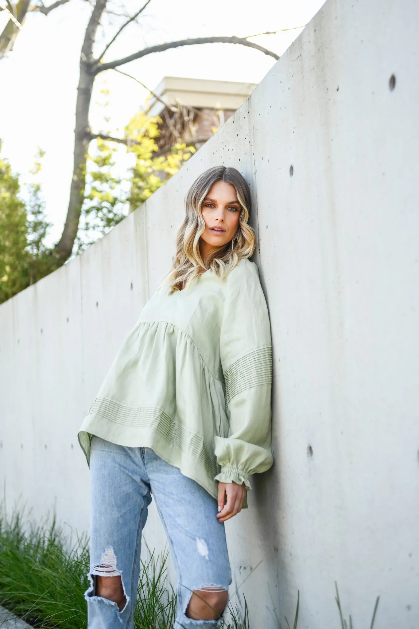 KARLIE LINEN BLOUSE - SAGE