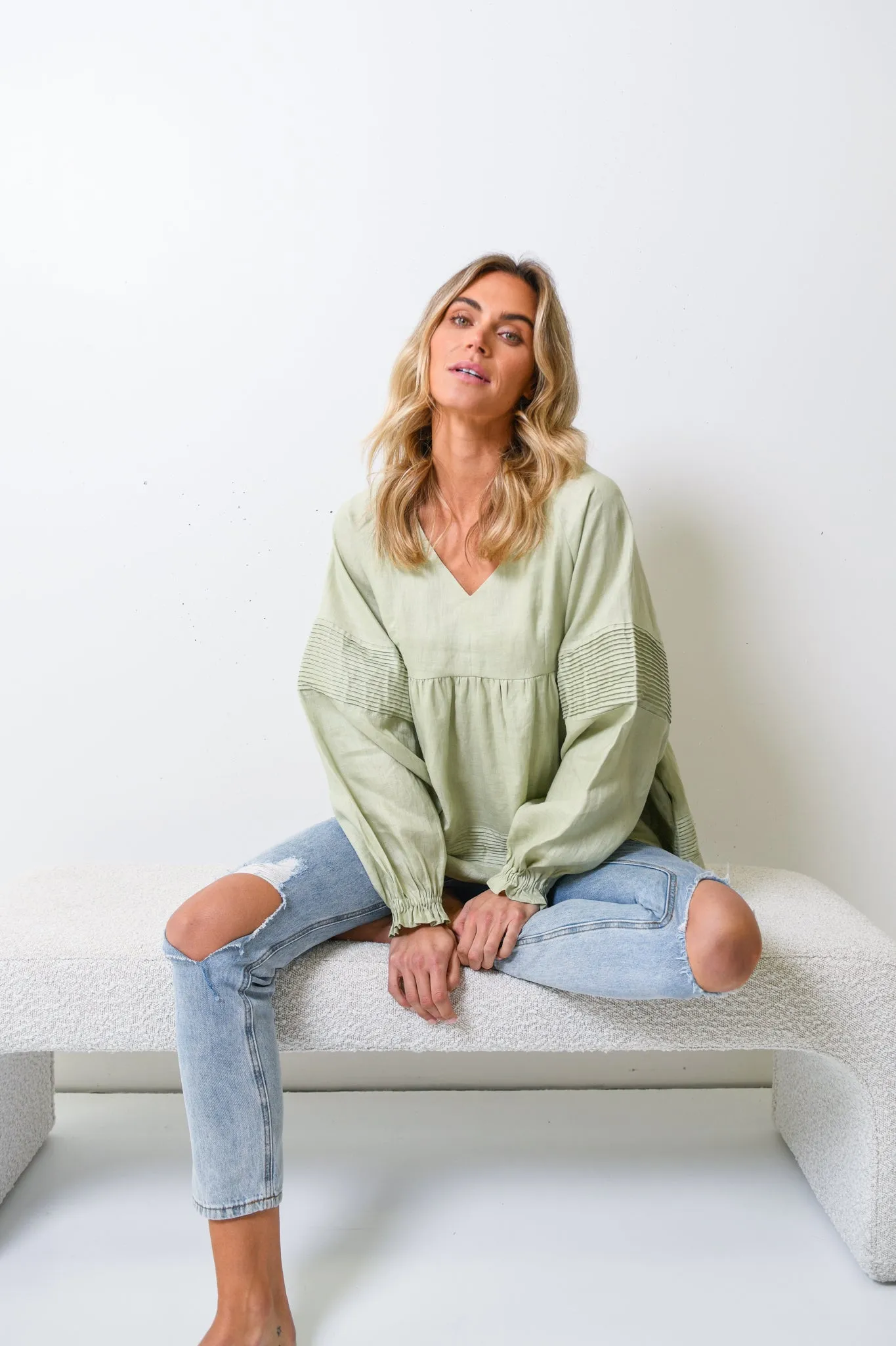KARLIE LINEN BLOUSE - SAGE