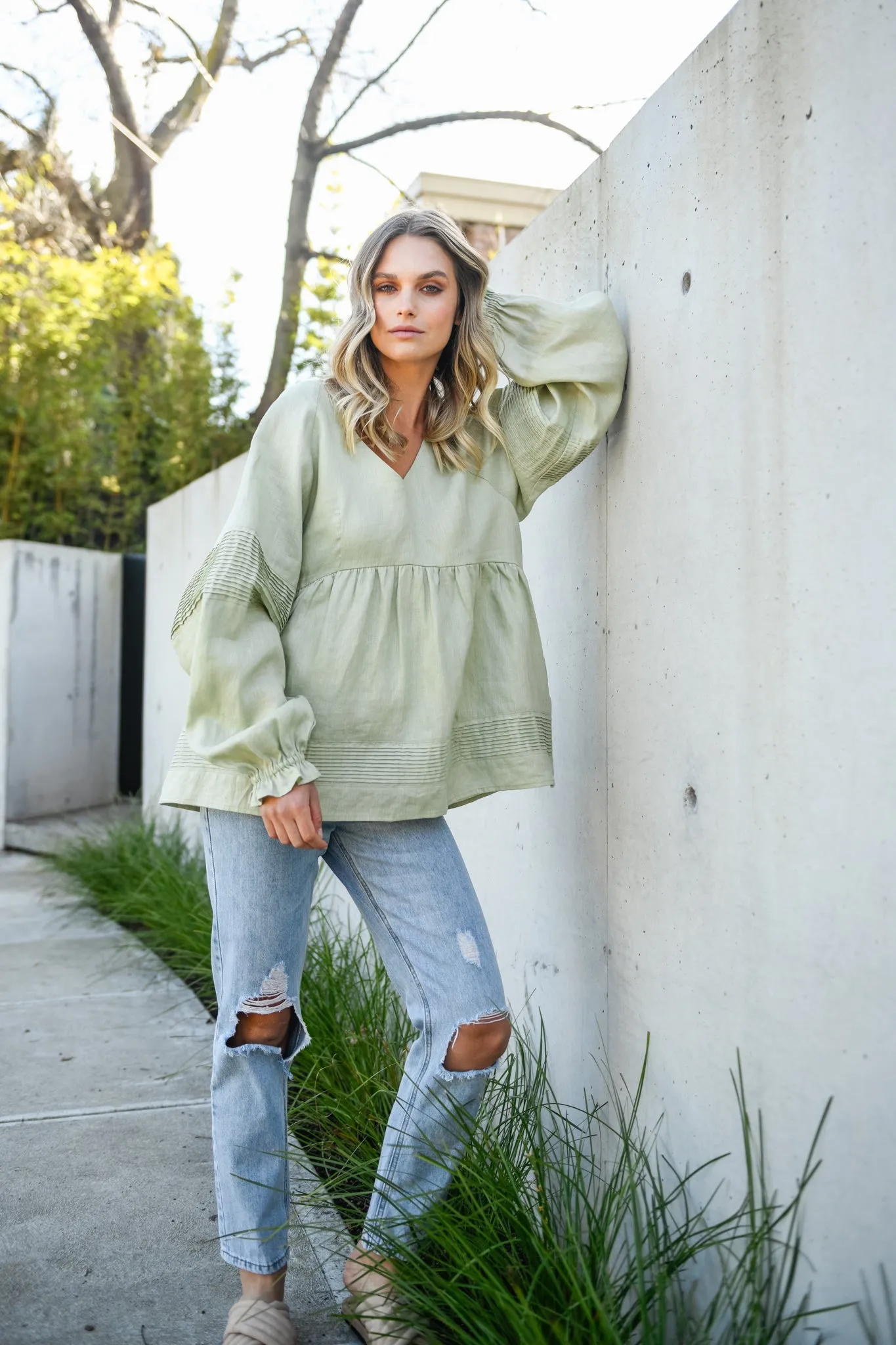 KARLIE LINEN BLOUSE - SAGE