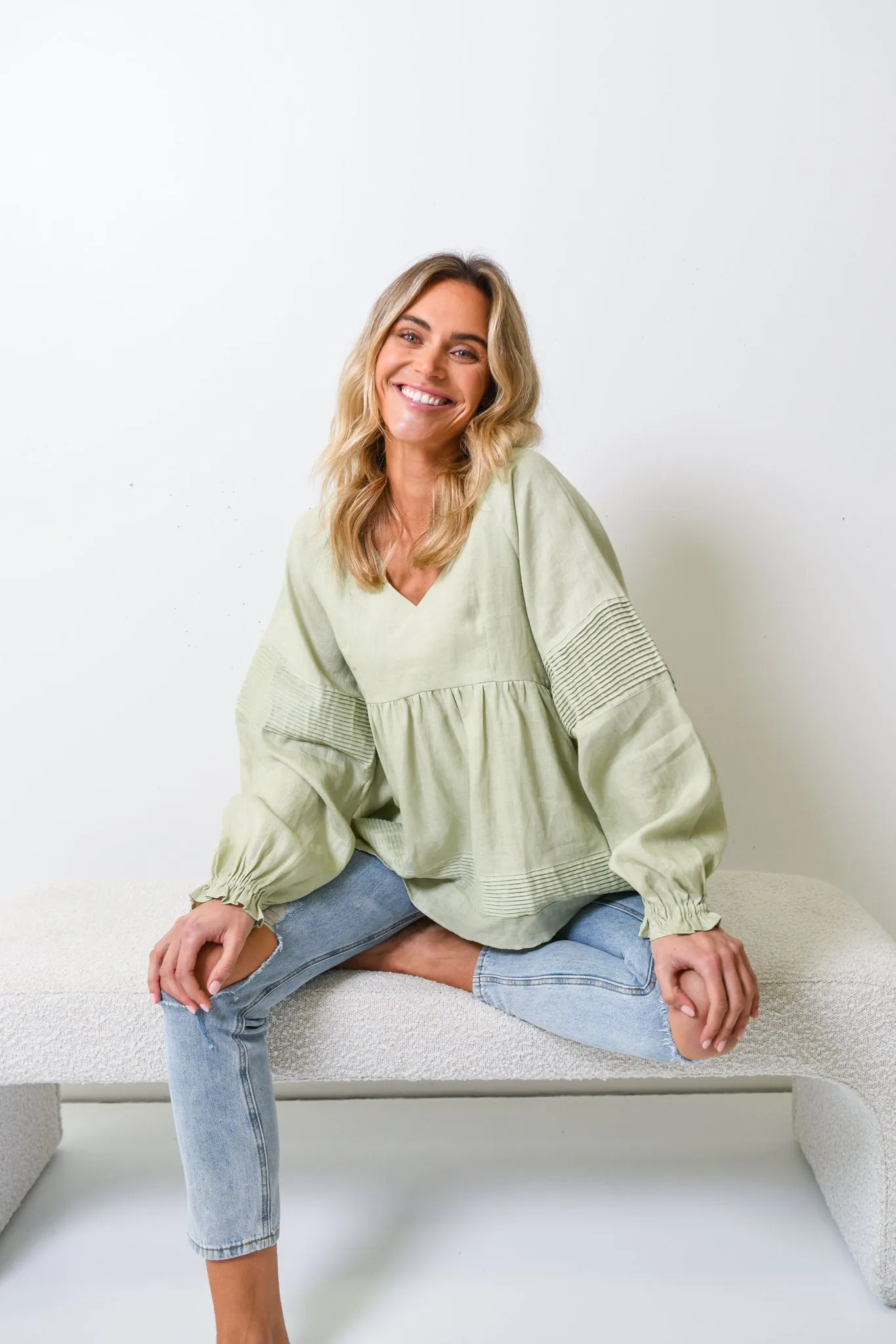 KARLIE LINEN BLOUSE - SAGE