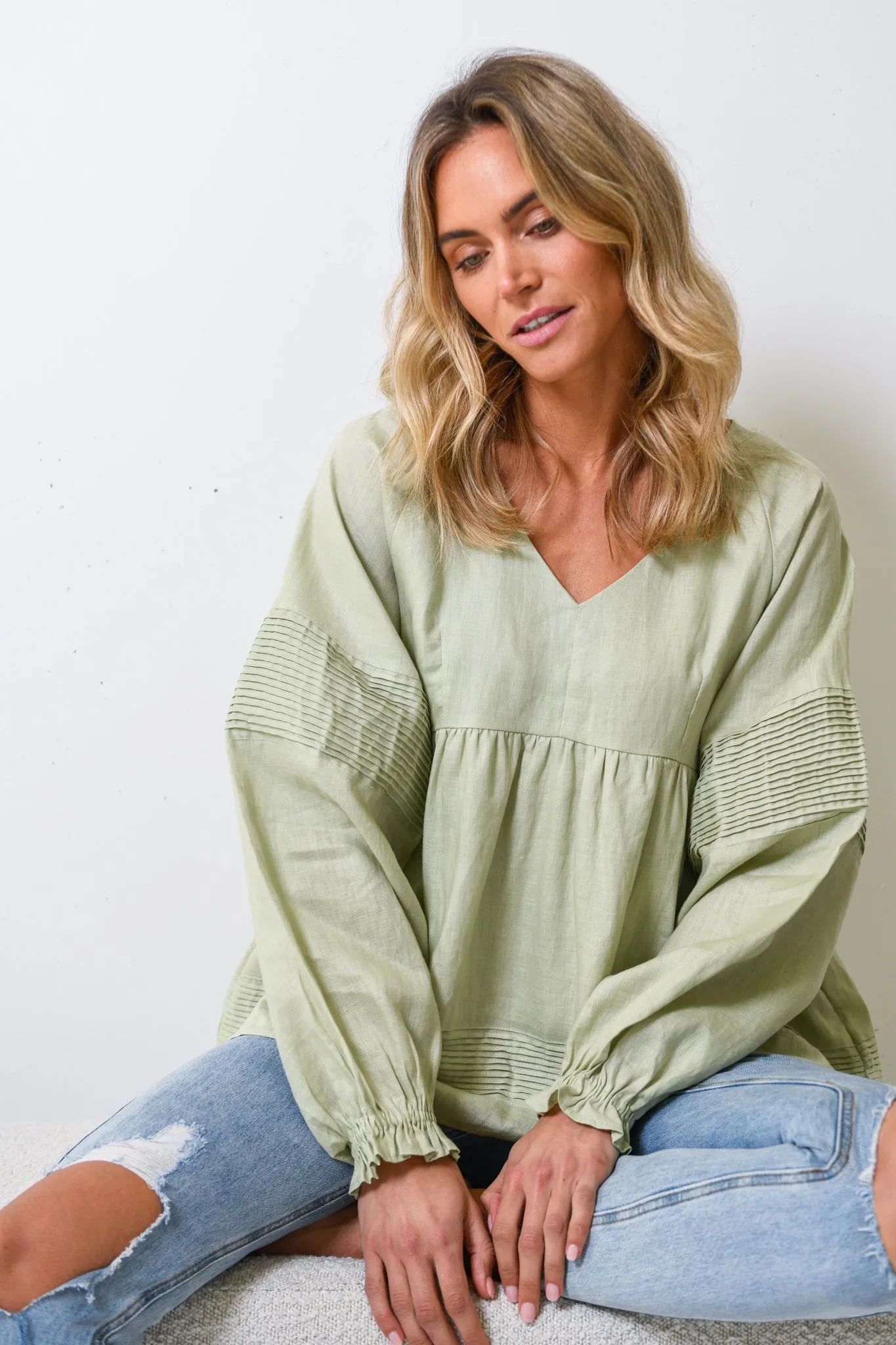 KARLIE LINEN BLOUSE - SAGE