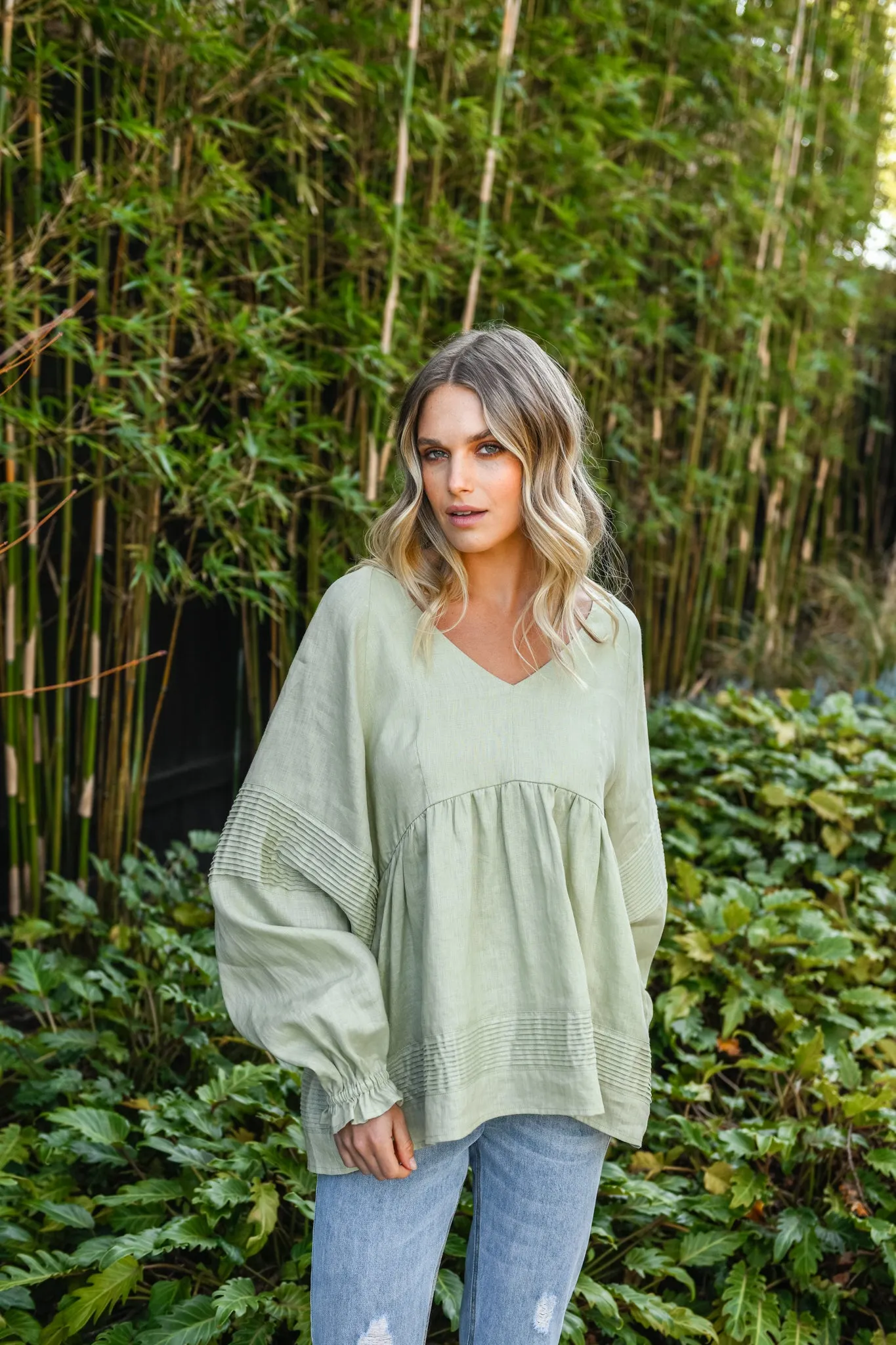 KARLIE LINEN BLOUSE - SAGE