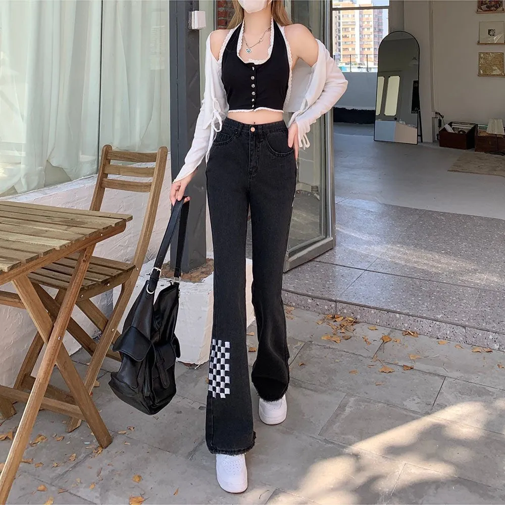 Kawaii Plaid Splice Flared Pants
