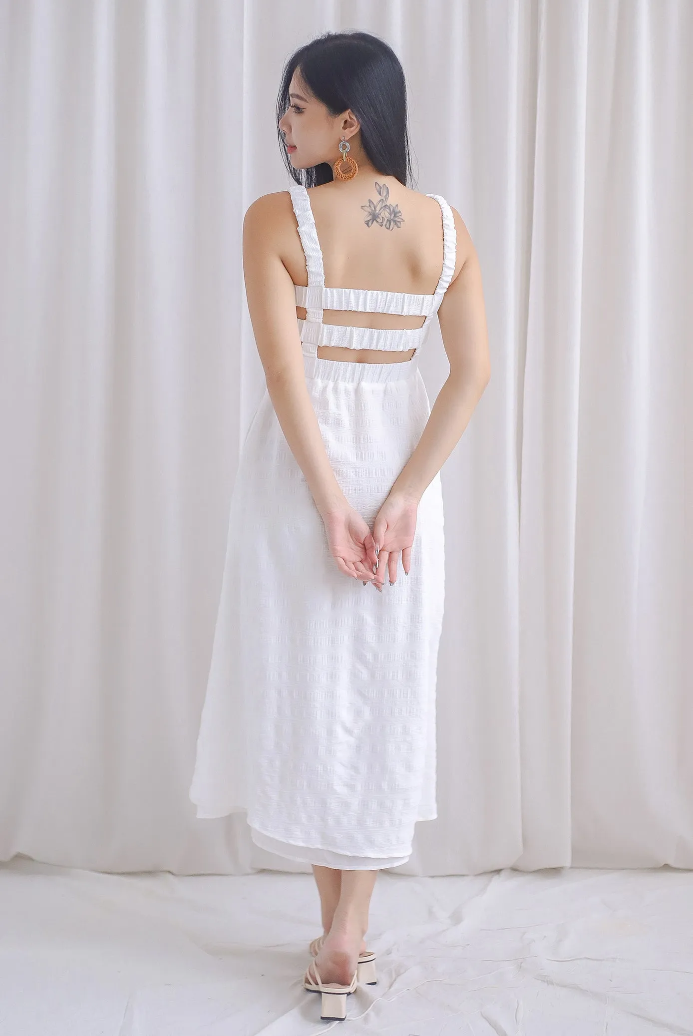 Kennedy Ruched Strap Ladder Back Dress In White