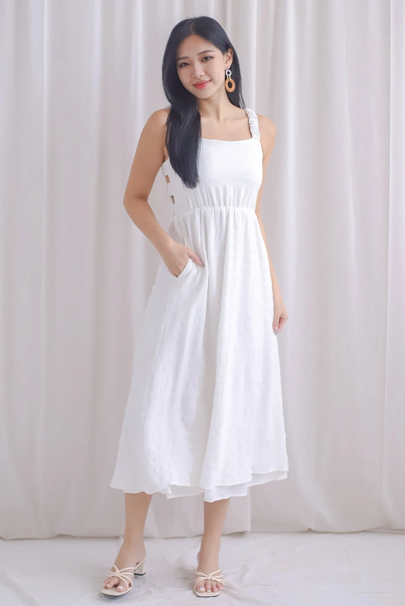 Kennedy Ruched Strap Ladder Back Dress In White