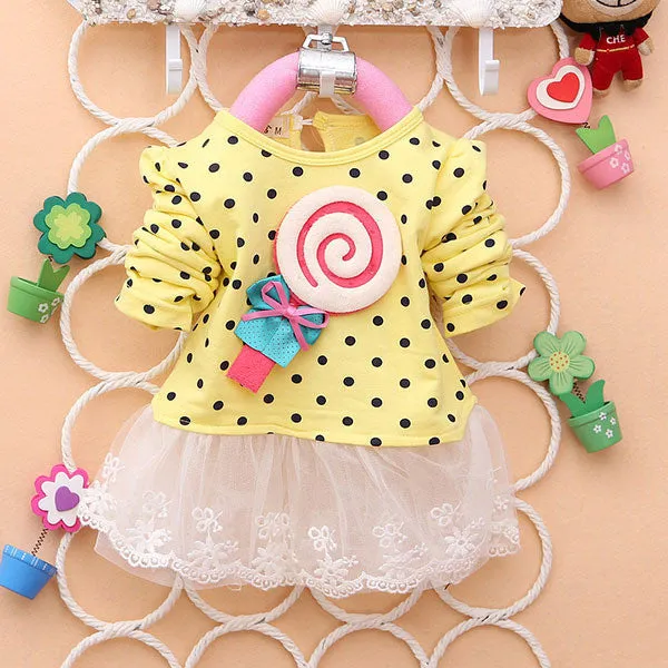Kids Sweater Greatly Lollipop Dot Girls T-shirt Stitching Baby Girls lace Dresses H75