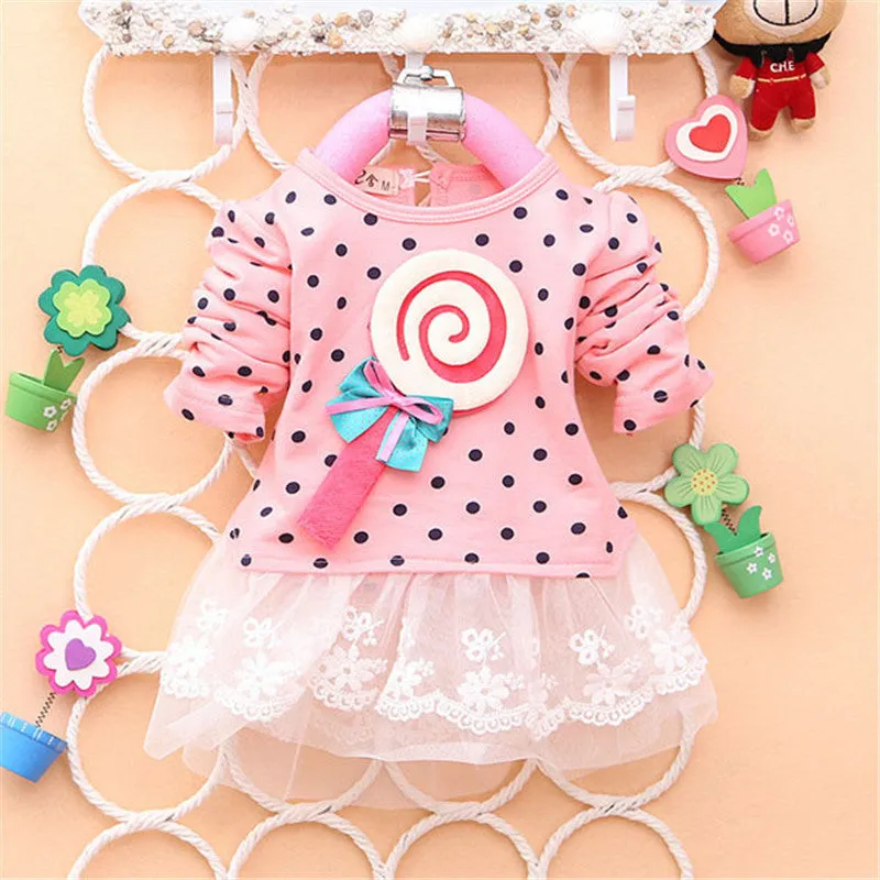 Kids Sweater Greatly Lollipop Dot Girls T-shirt Stitching Baby Girls lace Dresses H75