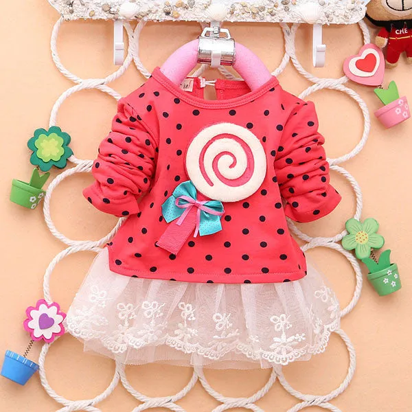 Kids Sweater Greatly Lollipop Dot Girls T-shirt Stitching Baby Girls lace Dresses H75
