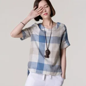 kimono Casual Women Blouses Plus Size Loose linen Cotton Plaid Shirt round Neck Women tops