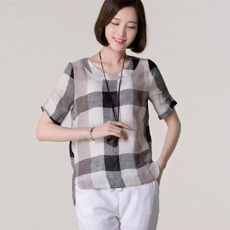 kimono Casual Women Blouses Plus Size Loose linen Cotton Plaid Shirt round Neck Women tops