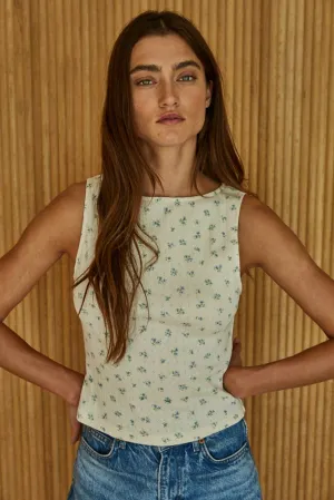 Knit Cotton Ribbed Floral Print Round Neck Tank
