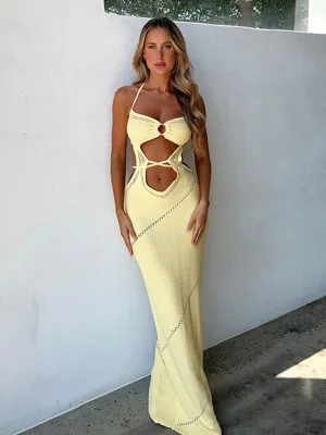 Knitted Maxi Dress with Hollow-Out Design Halter Neck