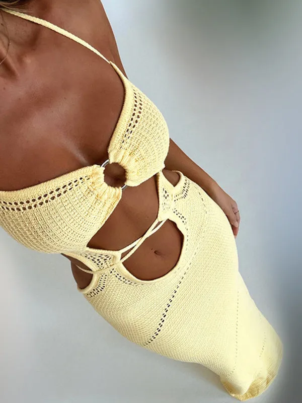 Knitted Maxi Dress with Hollow-Out Design Halter Neck