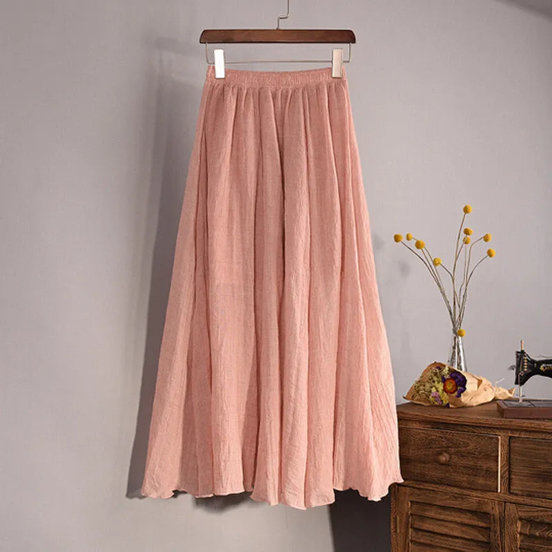 Lace Girl Fashion Women Linen Cotton Long Skirts Autumn Women Pleated Maxi Skirts Retro Ladies Slim Elastic Waist Casual Skirt