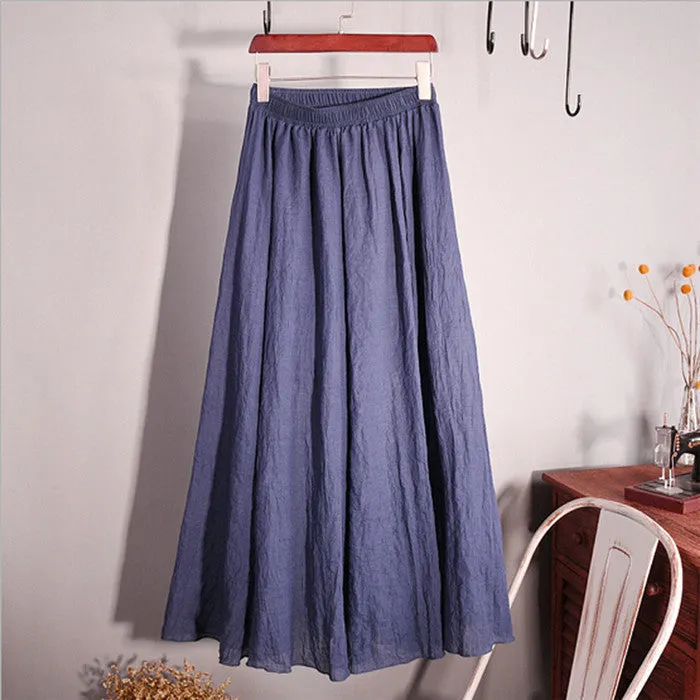 Lace Girl Fashion Women Linen Cotton Long Skirts Autumn Women Pleated Maxi Skirts Retro Ladies Slim Elastic Waist Casual Skirt