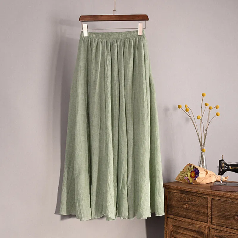 Lace Girl Fashion Women Linen Cotton Long Skirts Autumn Women Pleated Maxi Skirts Retro Ladies Slim Elastic Waist Casual Skirt