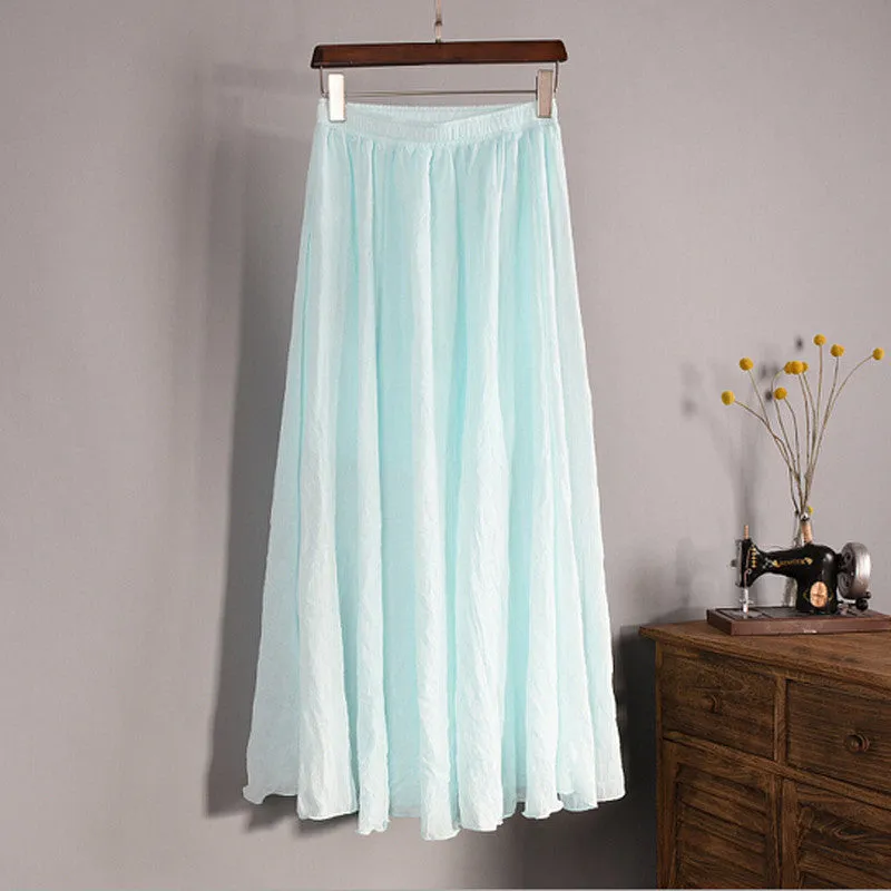 Lace Girl Fashion Women Linen Cotton Long Skirts Autumn Women Pleated Maxi Skirts Retro Ladies Slim Elastic Waist Casual Skirt